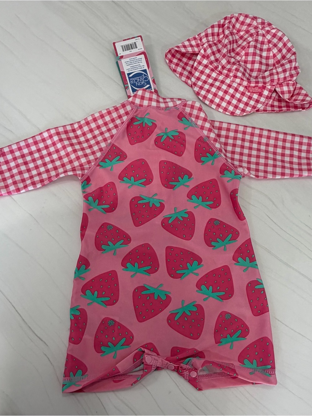 Skin Kids Pink Strawberry Rashguard Swimsuit with Gingham Sleeves and Hat